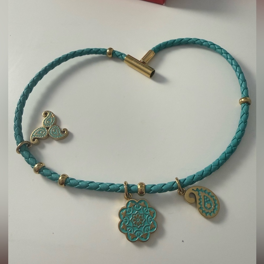 Turquoise Braided Leather Charm Necklace with Gold Accents